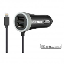 Amio - Φορτιστής Αναπτήρα 12-24V 2.4A με 2 θύρες USB και καλώδιο Lightning για ταυτόχρονη φόρτιση συσκευών με σταθερή παροχή ρεύματος σε αυτοκίνητα και επαγγελματικά οχήματα - 1 Τεμ. (02057/AM)