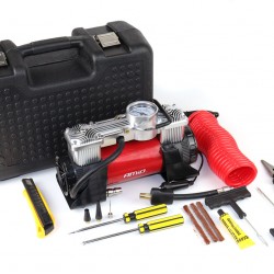 Amio – Κομπρεσέρ Αέρα 12V Διπλού Κυλίνδρου 10BAR 150PSI 60L/min με Μανόμετρο, LED Φακό, Σετ Επισκευής & Βαλιτσάκι για Άμεση Αντιμετώπιση Έκτακτων Αναγκών – 1 Τεμ. (02640/AM)