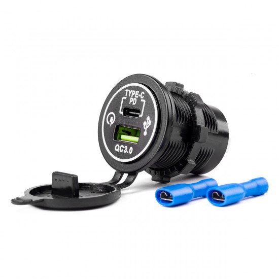 Amio - ΠΡΙΖΑ ΦΟΡΤΙΣΤΗΣ USB + TYPE C QUICK CHARGE 12/24V Φ37mmX51mm MOD-08 - 1 τεμ. (02858/AM)