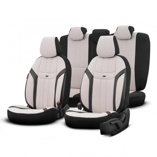AMiO - Καλύμματα Καθισμάτων OTOM Swan 503 Beige Μαύρο/Μπεζ Λινό Ύφασμα και Δερματίνη για Μπροστινά και Πίσω Καθίσματα με 5 Προσκέφαλα - 1 Σετ (OT86753/AM)