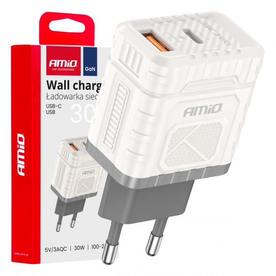 Amio - ΦΟΡΤΙΣΤΗΣ ΜΕ ΟΙΚΙΑΚΗ ΠΡΙΖΑ ΜΕ 2 ΘΥΡΕΣ USB-A+USB-C 30W 100-240V ΛΕΥΚΟ - 1 Τεμ. (04286/AM)