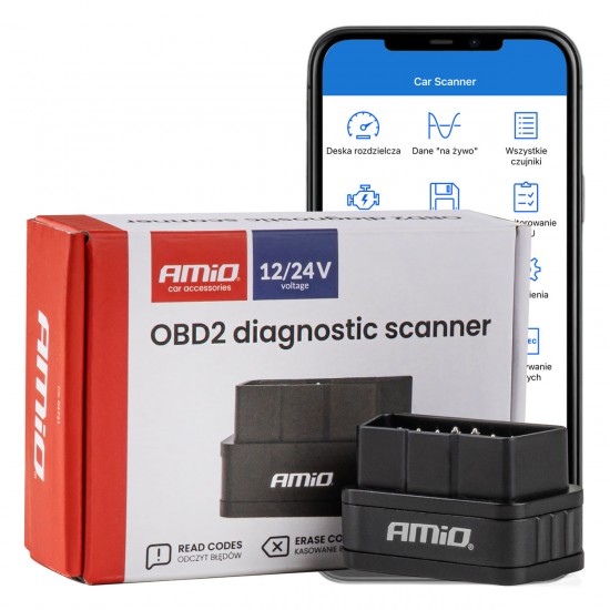 Amio - Διαγνωστικό Αυτοκινήτου OBD 2 τύπου ELM327 Bluetooth PIC25K80 τάση λειτουργίας 12V με ασύρματη σύνδεση για Επιβατικά Αυτοκίνητα - 1 τεμ. (04731/AM)