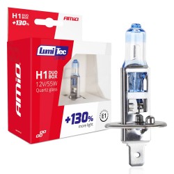 Amio - Λάμπα Αλογόνου Τύπου H1 Lumitec Limited βάση P14.5s τάση λειτουργίας 12V απόδοσης 55W χρώμα Λευκό +130% Φωτεινότητα Έως 40m για Επιβατικά Αυτοκίνητα - 2 τεμ. (01404/AM)