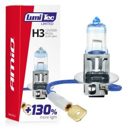Amio - Λαμπτήρας Αλογόνου LumiTec Limited +130% τύπου H3 12V ισχύος 55W με βάση PK22s και λευκό φως 4300K για ενισχυμένη ορατότητα και μεγαλύτερη δέσμη έως 40m - 1 Τεμ. (02131/AM)