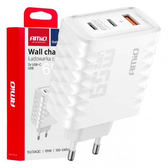 Amio - ΦΟΡΤΙΣΤΗΣ ΜΕ ΟΙΚΙΑΚΗ ΠΡΙΖΑ ΜΕ 3 ΘΥΡΕΣ 2xUSB-C+USB-A 65W 100-240V ΛΕΥΚΟ - 1 Τεμ. (04289/AM)