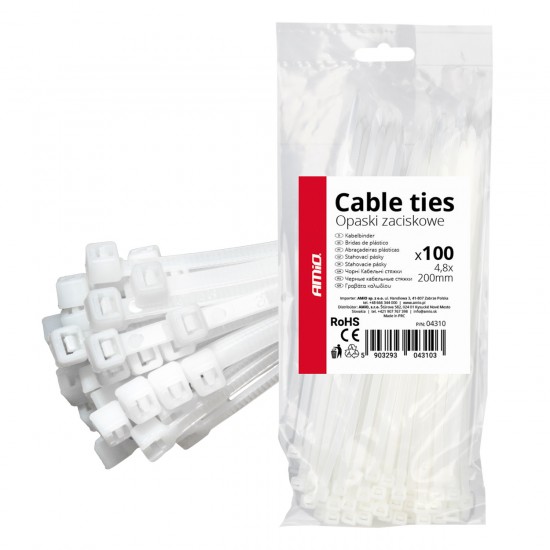Amio - ΔΕΜΑΤΙΚΑ/ΔΕΤΙΚΑ ΚΑΛΩΔΙΩΝ TIE WRAP (ΤΑΙΡΑΠ) 4.8 x 200mm (ΛΕΥΚΟ) - 100 ΤΕΜ. (04310/AM)