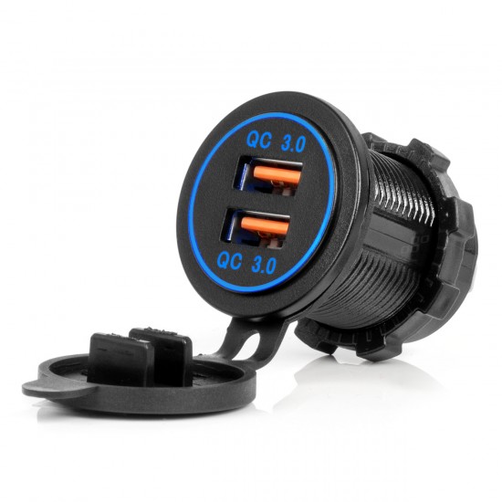 Amio - ΠΡΙΖΑ ΜΕ 2 ΘΥΡΕΣ USB ΚΑΙ ΚΑΠΑΚΙ 12/24V QUICK CHARGE 3.0 ΑΔΙΑΒΡΟΧΗ ΜΕ ΜΠΛΕ LED ΦΩΣ ΜΑΥΡΗ - 1 ΤΕΜ. (04218/AM)