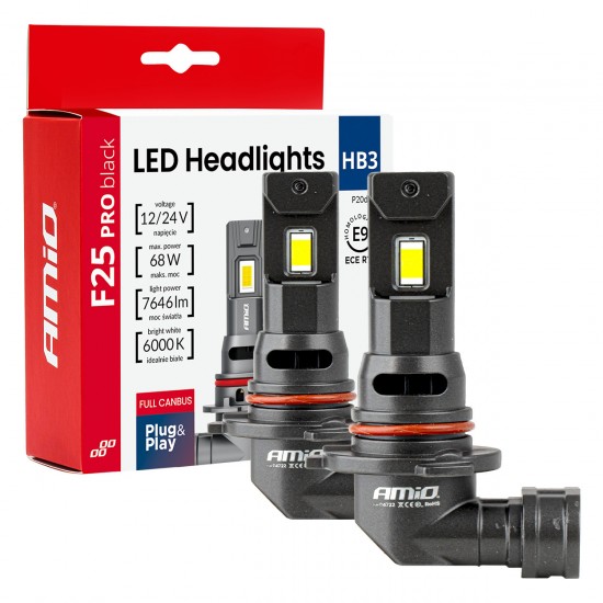 Amio - Λαμπτήρες LED F25 PRO Black Edition HB3 (9005) 68W 12-24V Full CAN Bus με Φωτεινότητα 7646lm σε Ψυχρό Λευκό 6000K για Επιβατικά Αυτοκίνητα & Φορτηγά - Σετ 2 τεμ. (04722/AM)