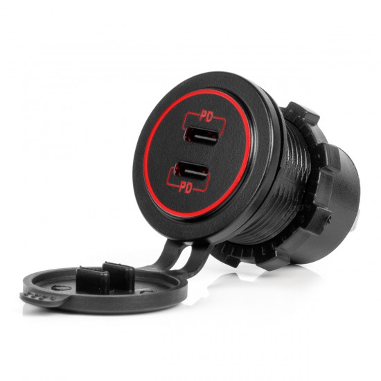 Amio - ΠΡΙΖΑ ΜΕ 2 ΘΥΡΕΣ USB-C ΚΑΙ ΚΑΠΑΚΙ 12/24V ΑΔΙΑΒΡΟΧΗ ΜΕ ΚΟΚΚΙΝΟ LED ΦΩΣ ΜΑΥΡΗ - 1 τεμ. (04223/AM)
