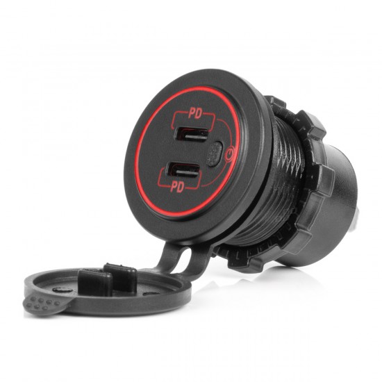Amio - ΠΡΙΖΑ ΜΕ 2 ΘΥΡΕΣ USB-C ΜΕ ΔΙΑΚΟΠΤΗ ΚΑΙ ΚΑΠΑΚΙ 12/24V ΑΔΙΑΒΡΟΧΗ ΜΕ ΚΟΚΚΙΝΟ LED ΦΩΣ ΜΑΥΡΗ - 1 Τεμ. (04224/AM)