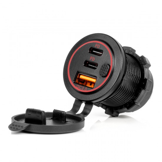 Amio - ΠΡΙΖΑ ΜΕ 3 ΘΥΡΕΣ(USB+2xUSB-C) ΜΕ ΔΙΑΚΟΠΤΗ ΚΑΙ ΚΑΠΑΚΙ 12/24V QUICK CHARGE 3.0 ΑΔΙΑΒΡΟΧΗ ΜΑΥΡΗ - 1 Τεμ. (04227/AM)