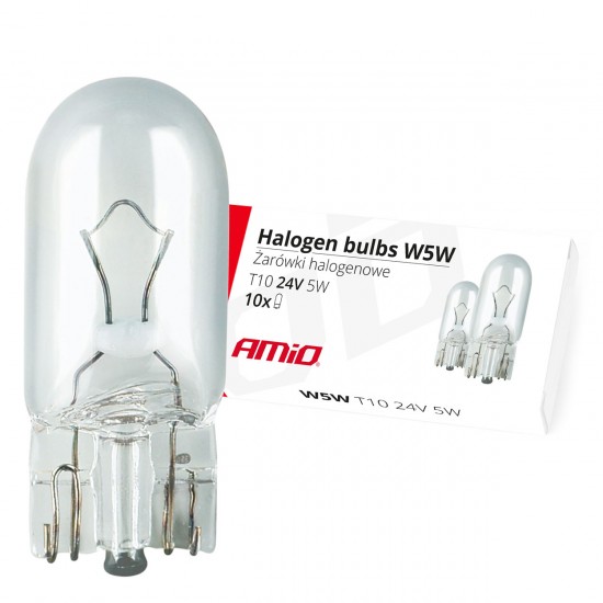 Amio - Λαμπτήρες Αλογόνου τύπου T10 W5W βάση W2.1x9.5d τάση λειτουργίας 24V απόδοσης 5W (Καρφωτά) για Φορτηγά - 10 τεμ. (01002/AM)