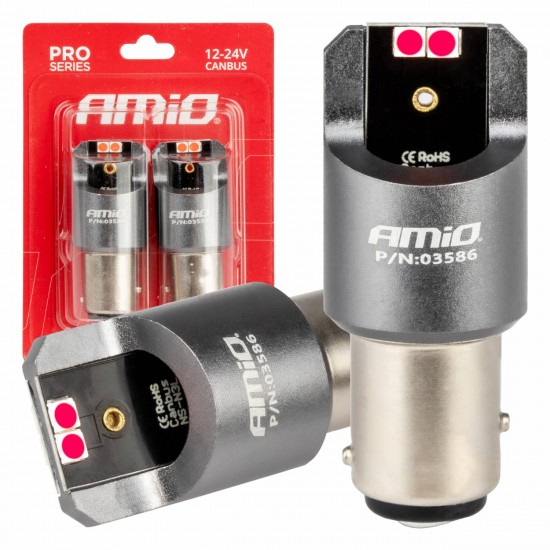 Amio - ΛΑΜΠΑΚΙΑ P21/5W BAY15d 12/24V 6.000K 4xSMD LED CAN-BUS ΚΟΚΚΙΝΟ PRO SERIES - 2 Τεμ. (03586/AM)