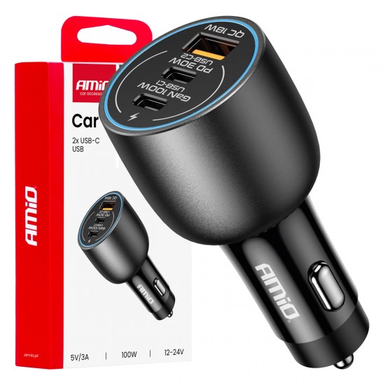 Amio - ΦΟΡΤΙΣΤΗΣ ΑΝΑΠΤΗΡΑ 12/24V ΜΕ 3 ΘΥΡΕΣ 2xUSB-C/1xUSB-A 95W 5V/3A ΤΑΧΕΙΑΣ ΦΟΡΤΙΣΗΣ ΑΛΟΥΜΙΝΙΟ/ΜΑΥΡΟΣ - 1 Τεμ. (04371/AM)