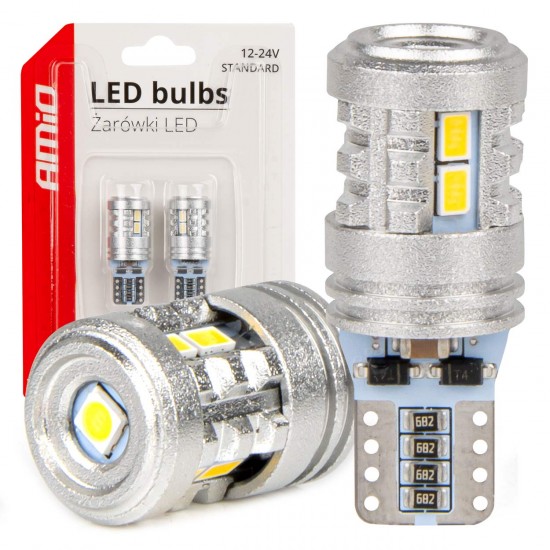 Amio - ΛΑΜΠΑΚΙΑ LED T10 W5W 12/24V LED 6x3020+1x3030SMD STANDARD ΛΕΥΚΑ - 2 ΤΕΜ. (03718/AM)