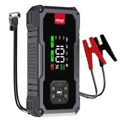 Amio - Φορητός Εκκινητής Μπαταρίας (Jump Starter) με ενσωματωμένο Κομπρεσέρ Αέρα, Powerbank και Φακό LED τάση λειτουργίας 12V με χωρητικότητα 7,2Ah και μέγιστο ρεύμα εκκίνησης 600A για Επιβατικά Αυτοκίνητα - 1 τεμ. (04674/AM)