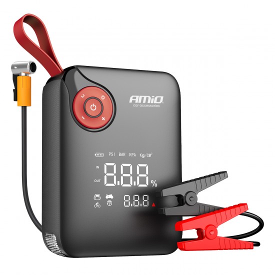 Amio - Φορητός Εκκινητής Μπαταρίας (Jump Starter) Mini με ενσωματωμένο Κομπρεσέρ Αέρα, Powerbank και Φακό LED τάση λειτουργίας 12V με χωρητικότητα 7,2Ah και μέγιστο ρεύμα εκκίνησης 600A για Επιβατικά Αυτοκίνητα - 1 τεμ. (04675/AM)