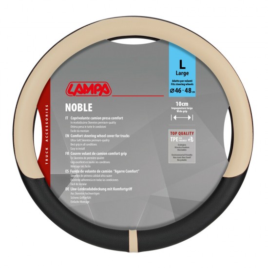 Lampa - Κάλυμμα Τιμονιού Φορτηγού NOBLE από Skeentex L 46-48εκ. Άοσμο Μαλακό αντιολισθητικό εύκολη τοποθέτηση φαρδιά λαβή 10εκ. Μαύρο / Μπέζ - 1 τεμ. (L9708.4)