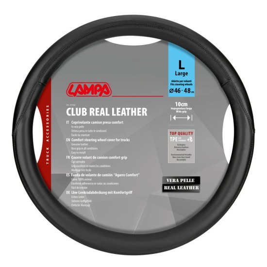 Lampa - Κάλυμμα Τιμονιού Φορτηγού Club γνήσιο δέρμα L 46-48εκ. Άοσμο Μαλακό εύκολη τοποθέτηση φαρδιά λαβή 10εκ. Μαύρο - 1 τεμ. (L9716.5)