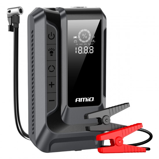 Amio - Φορητός Εκκινητής Μπαταρίας (Jump Starter) 4 σε 1 με ενσωματωμένο Κομπρεσέρ Αέρα, Powerbank και Φακό LED τάση λειτουργίας 12V με χωρητικότητα 12Ah και μέγιστο ρεύμα εκκίνησης 1600A για Επιβατικά Αυτοκίνητα - 1 τεμ. (04677/AM)