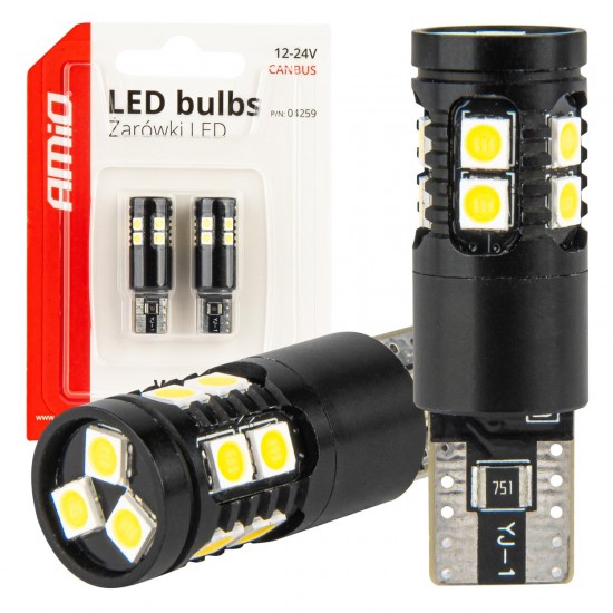 Amio - ΛΑΜΠΑΚΙΑ T10 W5W 12V/24V LED CAN-BUS 13xSMD 3030 ΛΕΥΚΟ 5500K - 2 ΤΕΜ. (04259/AM)