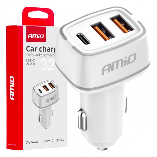 Amio - ΦΟΡΤΙΣΤΗΣ ΑΝΑΠΤΗΡΑ 12/24V ΜΕ 3 ΘΥΡΕΣ USB-C+2xUSB 32W 5V/3AQC ΤΑΧΕΙΑΣ ΦΟΡΤΙΣΗΣ ΛΕΥΚΟΣ - 1 ΤΕΜ. (03890/AM)