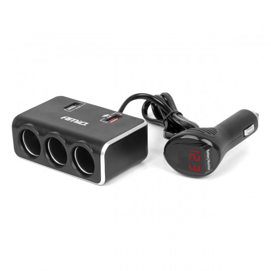 Amio - ΑΝΤΑΠΤΟΡΑΣ ΑΝΑΠΤΗΡΑ 12/24V 120W ΨΗΦΙΑΚΟΣ ΜΑΥΡΟΣ/3 ΘΕΣΕΙΣ/2xUSB-A QC 3.0 ΜΕ ΚΑΛΩΔΙΟ 80cm - 1 Τεμ. (04364/AM)