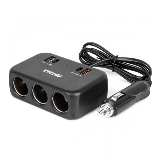 Amio - ΑΝΤΑΠΤΟΡΑΣ ΑΝΑΠΤΗΡΑ 12/24V 120W ΜΑΥΡΟΣ/3 ΘΕΣΕΙΣ/1xUSB-A+1xUSB-C QC 4.0 ΤΑΧΕΙΑΣ ΦΟΡΤΙΣΗΣ/ΚΑΛΩΔΙΟ 80cm - 1 Τεμ. (04365/AM)