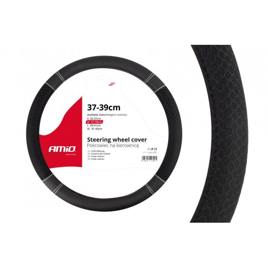 Amio - Κάλυμμα Τιμονιού 37-39cm SWC-20 Μαύρο με Λευκή Ραφή - Σταθερό Κράτημα & Άνεση Οδήγησης - 1 Τεμ (01697/AM)