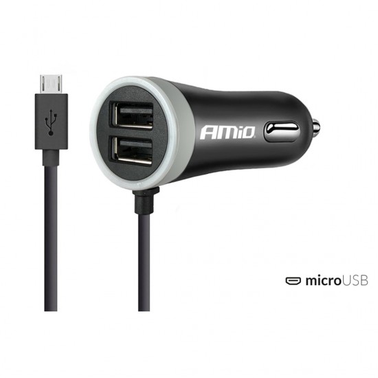 Amio - Φορτιστής Αναπτήρα 12-24V 2.4A με 2 θύρες USB και καλώδιο Micro USB για ταυτόχρονη φόρτιση συσκευών με σταθερή παροχή ρεύματος σε αυτοκίνητα και επαγγελματικά οχήματα - 1 Τεμ. (02056/AM)
