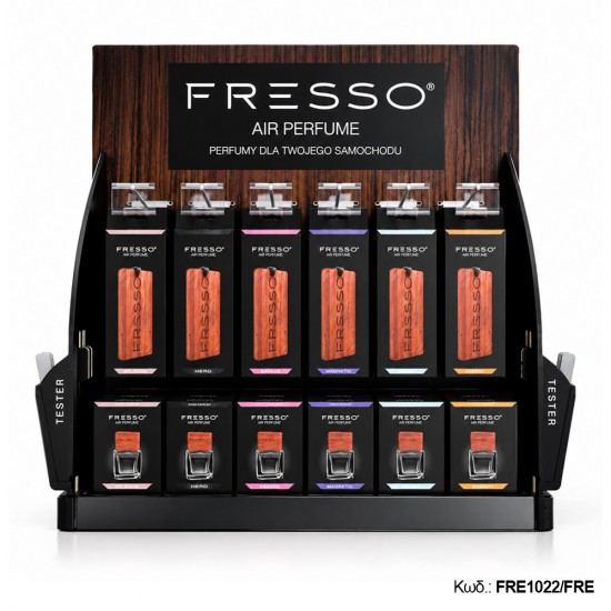 Fresso - Μικρό Επιτραπέζιο Ξύλινο Σταντ Προβολής Αρωματικών Αυτοκινήτου για 63 Κρεμαστά και 27 Αρώματα Air Perfume 50ml με Θέσεις Testers - 1 Τεμ. (FRE1022/FRE)
